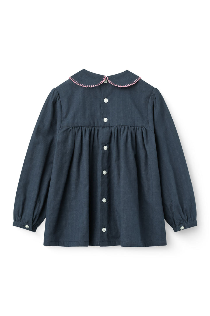 Blouse w. Collar & Blanket Stitch - Navy