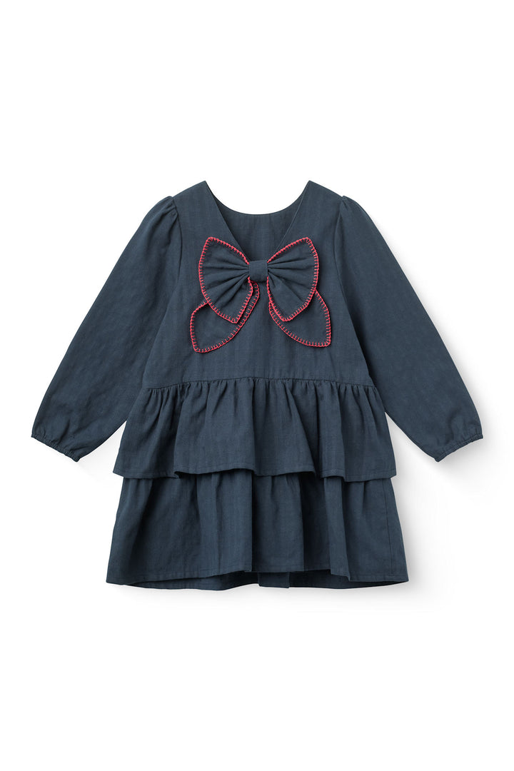 Frill Dress w. Bow Backside - Navy Comb.