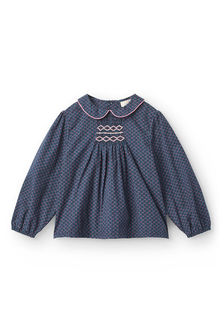 Printed Blouse w. Collar & Handmade Smock Emb. - Navy Flower Aop