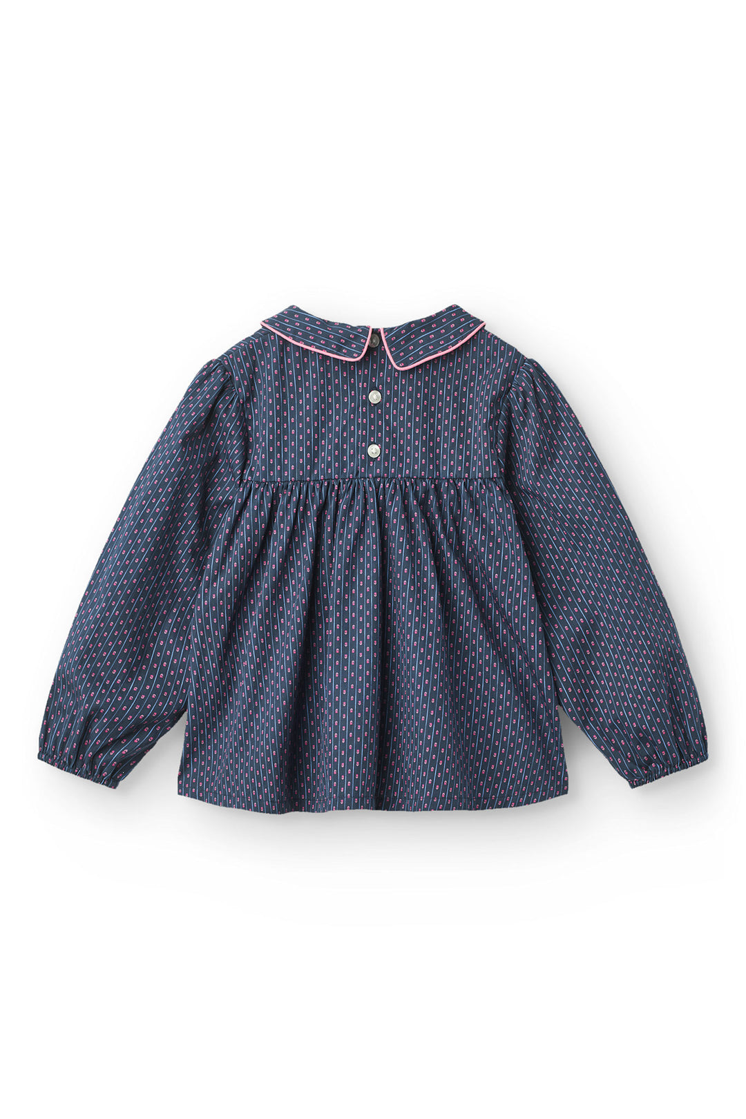 Printed Blouse w. Collar & Handmade Smock Emb. - Navy Flower Aop