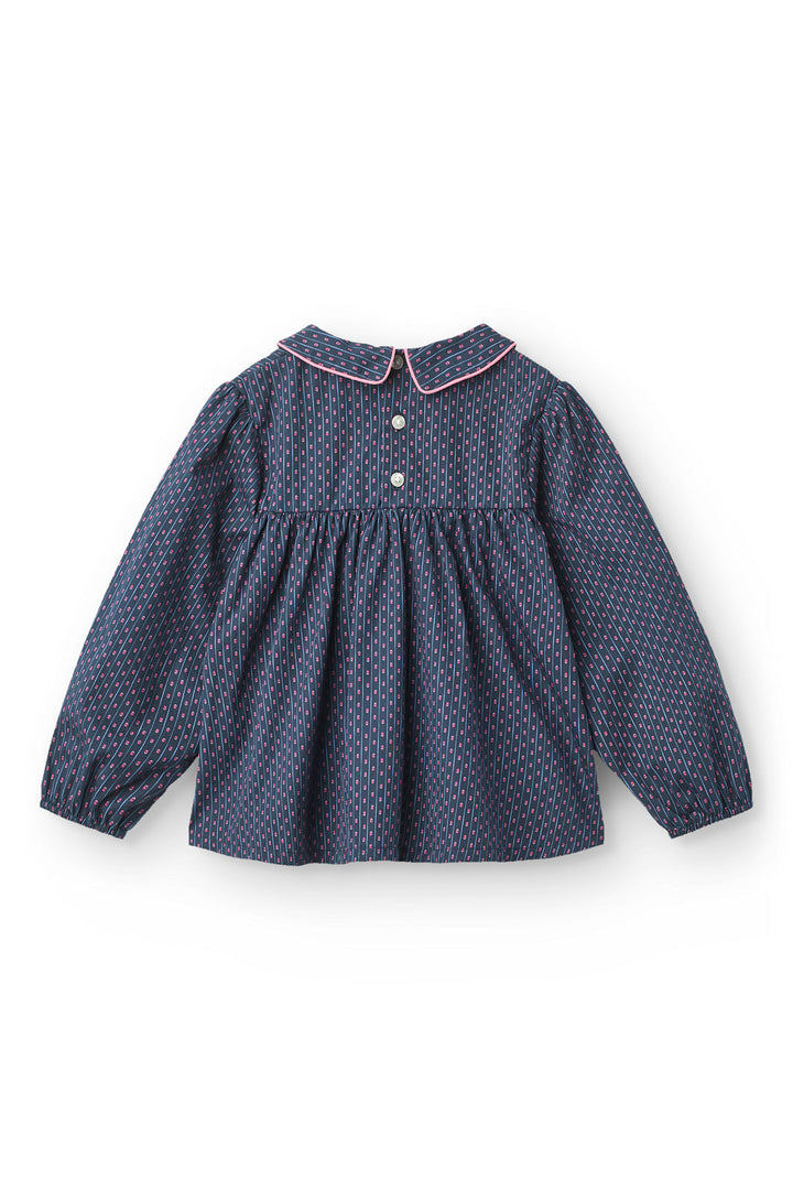 Printed Blouse w. Collar & Handmade Smock Emb. - Navy Flower Aop