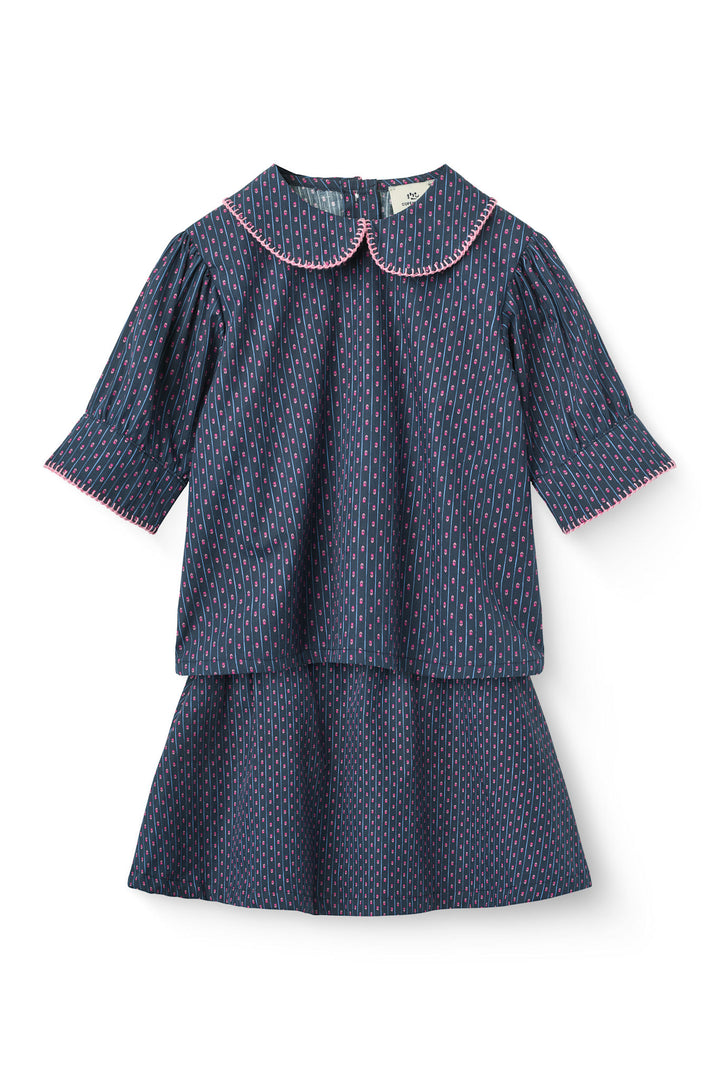 Printed Set w. Blouse & Skirt - Navy Flower Aop