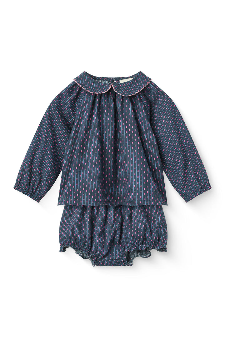 Printed Navy Flower Baby Set w. Blouse & Bloomers - Navy Flower Aop