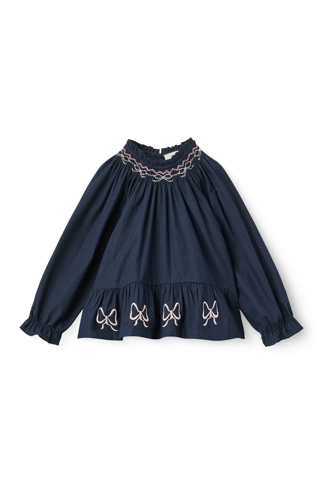 Ls Blouse w. Embroidery & Smock - Navy Comb.