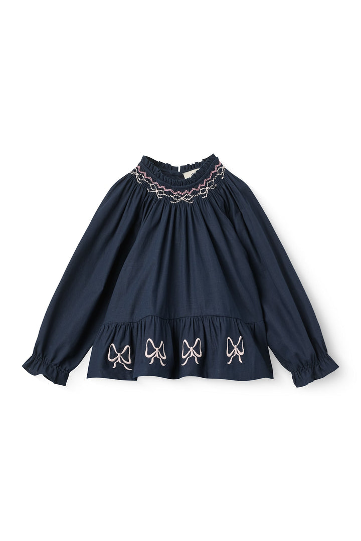 Ls Blouse w. Embroidery & Smock - Navy Comb.