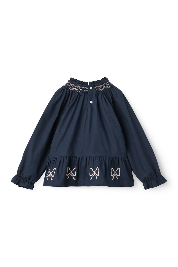 Ls Blouse w. Embroidery & Smock - Navy Comb.