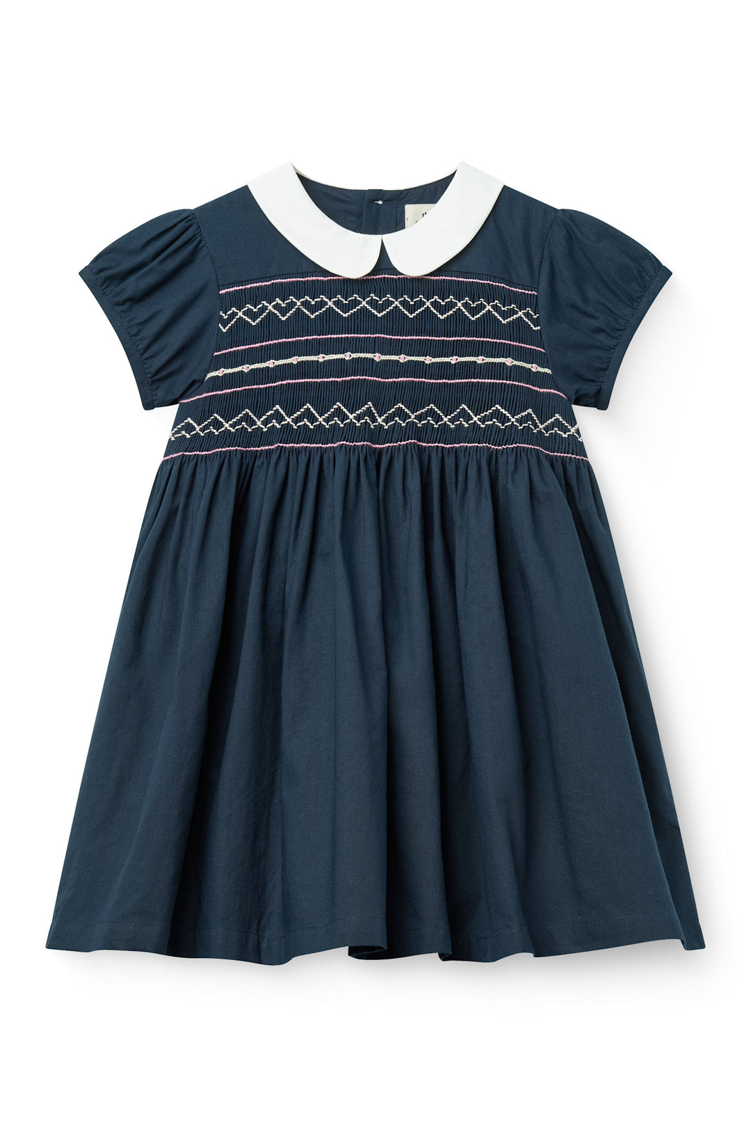Dress w. Handmade Smock Embroidery - Navy Comb.