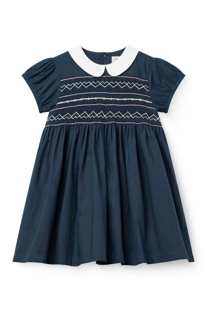 Dress w. Handmade Smock Embroidery - Navy Comb.