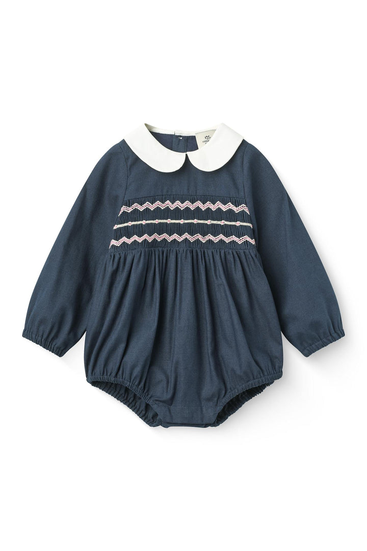 Romper w. Smock & Handmade Embroidery - Navy Comb.