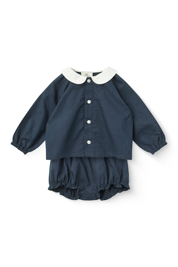 Baby Set w. Bloomers & Placket Blouse - Navy