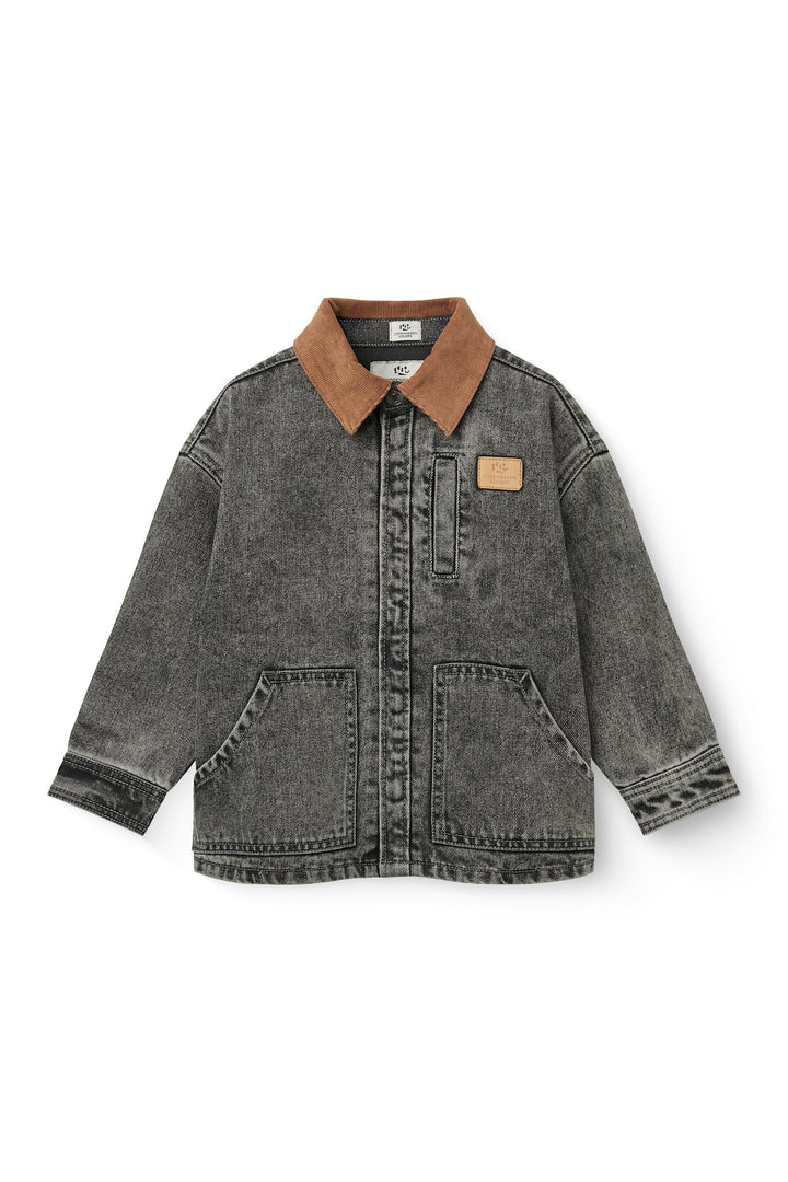 Denim Jacket w. Corduroy Collar - Washed Dk. Grey Brown w. Dk Brown Corduroy Collar