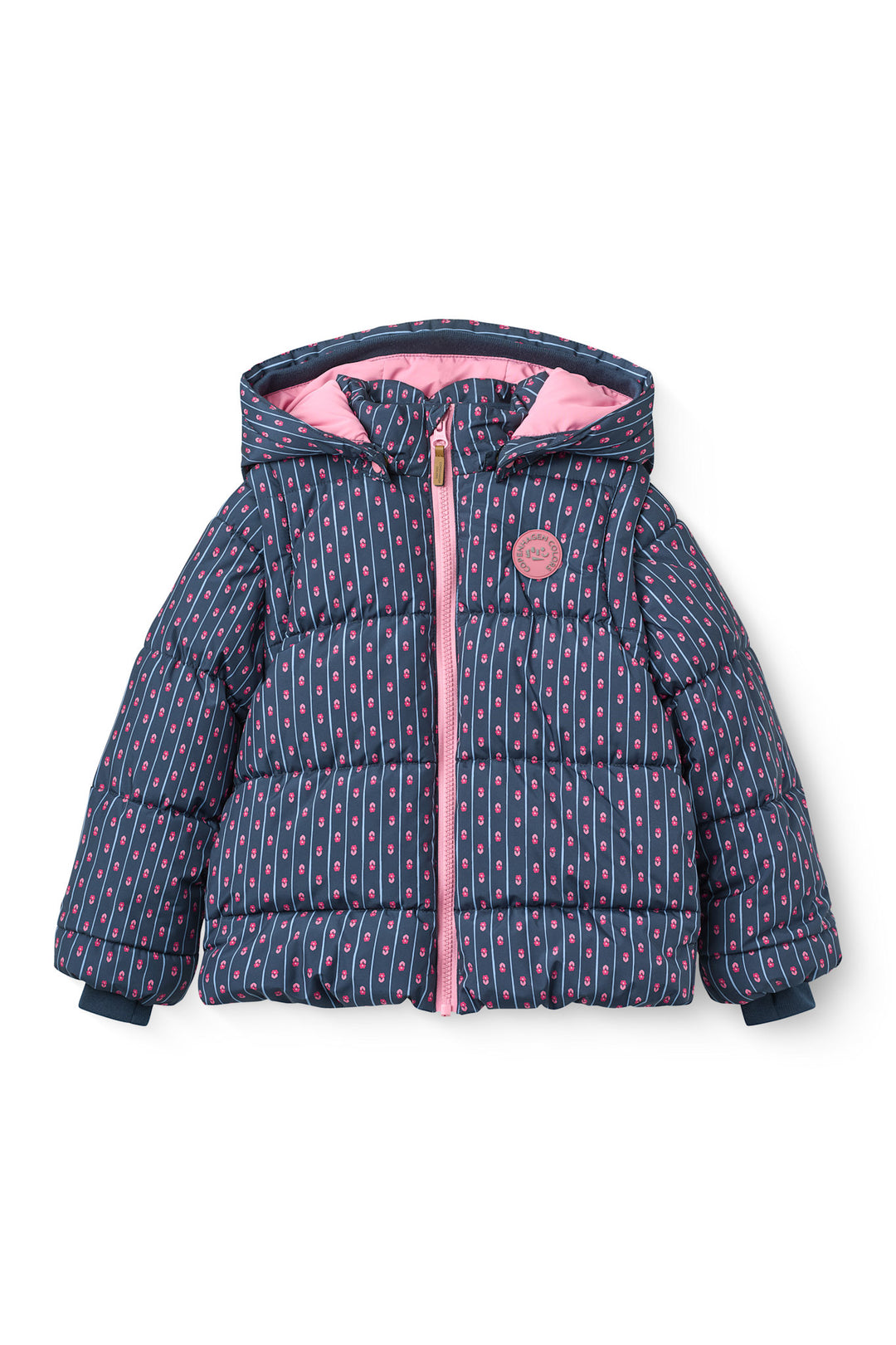 2 in 1 Puffer Jacket w. Removable Sleeves - Navy Flower Aop