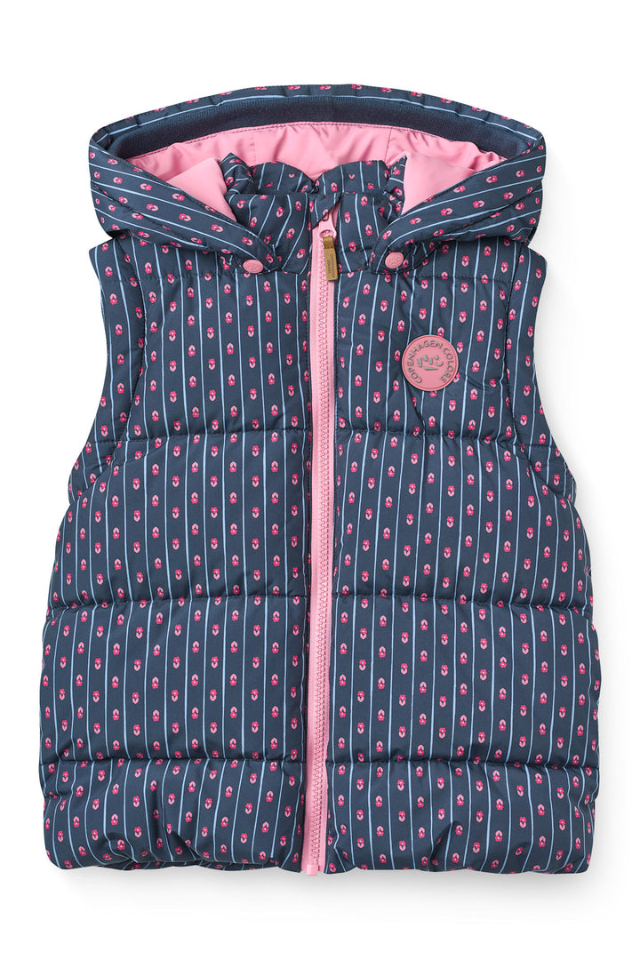 2 in 1 Puffer Jacket w. Removable Sleeves - Navy Flower Aop