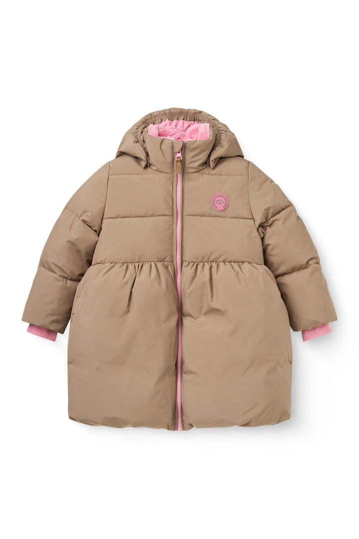 Puffer Long Frill Jacket w. Teddy Lining - Walnut