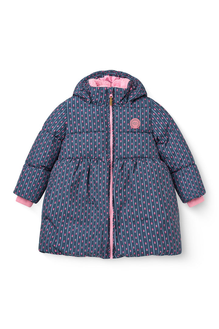 Puffer Long Frill Jacket w. Teddy Lining - Navy Flower Aop