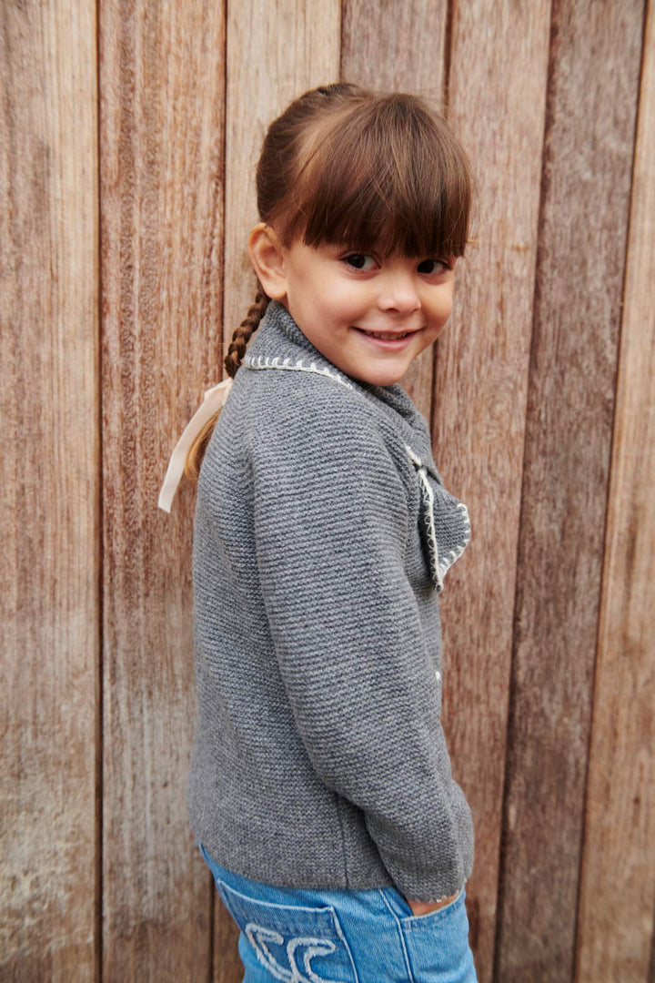 LAMBSWOOL CARDIGAN W. COLLAR - DK GREY/CREAM COMB.