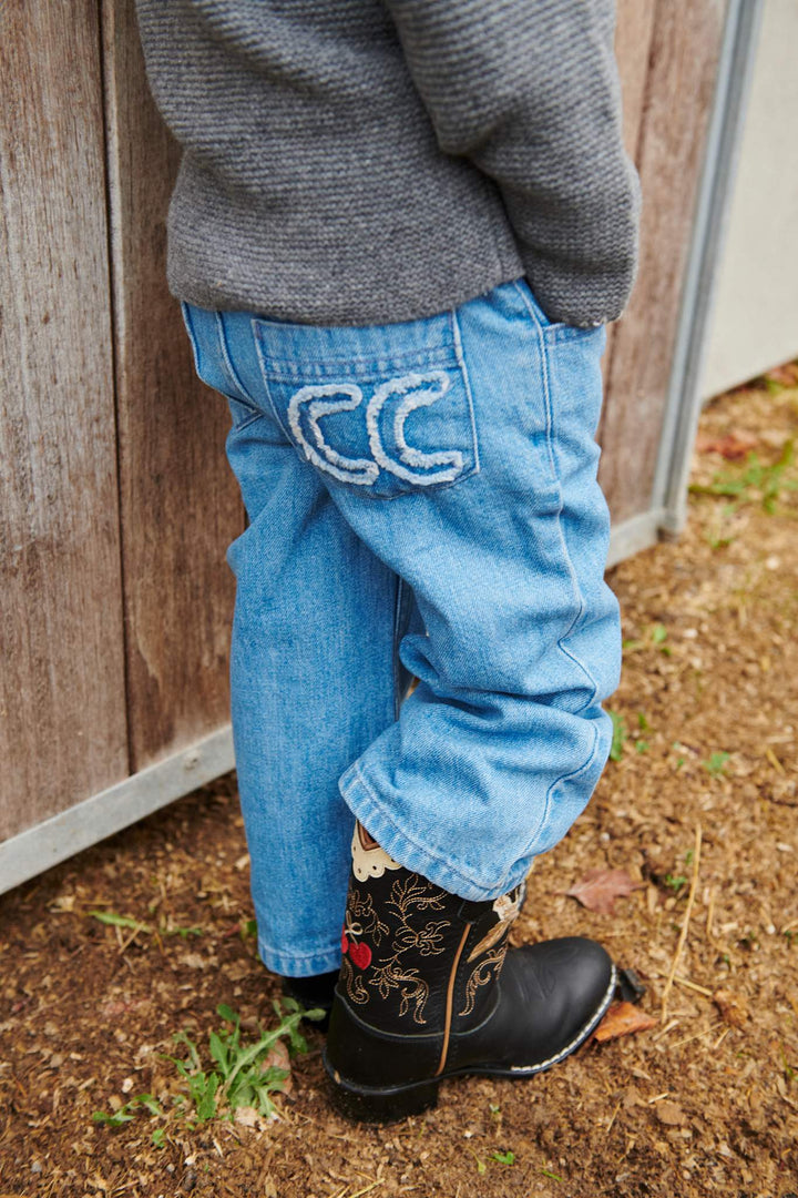 ORGANIC DENIM PANTS W. POCKET EMBROIDERY & WIDE LEG - LT BLUE INDIGO WASHED
