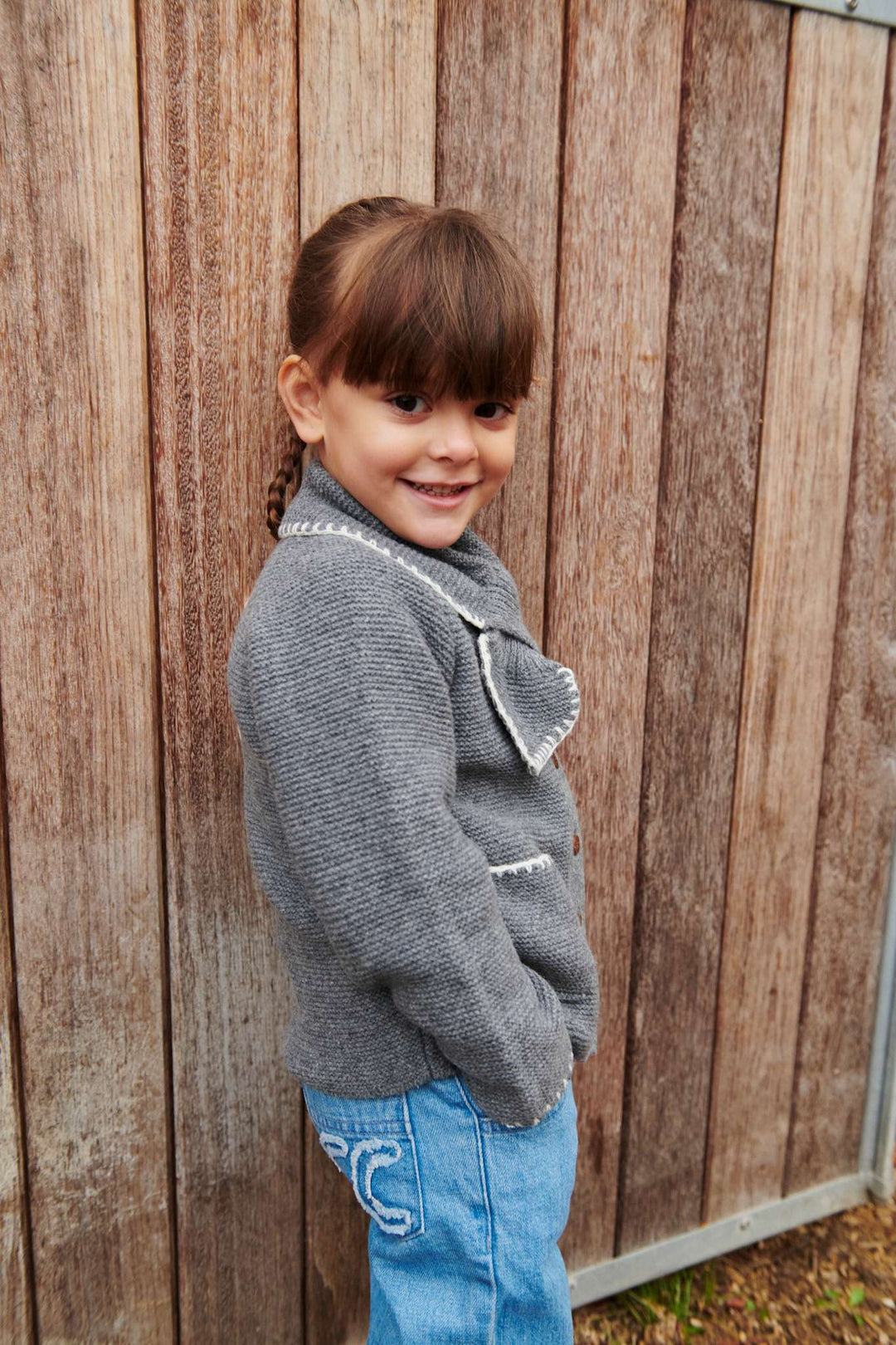 LAMBSWOOL CARDIGAN W. COLLAR - DK GREY/CREAM COMB.
