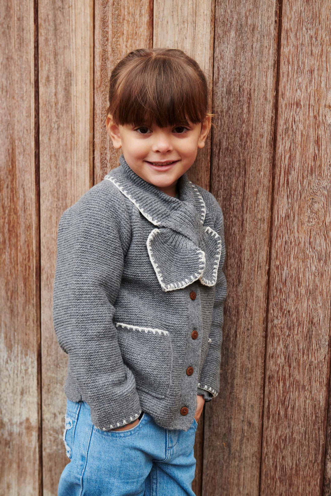 LAMBSWOOL CARDIGAN W. COLLAR - DK GREY/CREAM COMB.