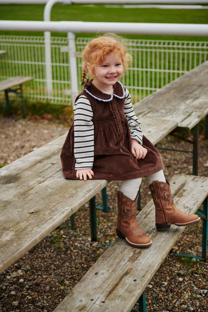 CORDUROY DRESS W. RUFFLE AND COLLAR DETAIL - DK BROWN COMB