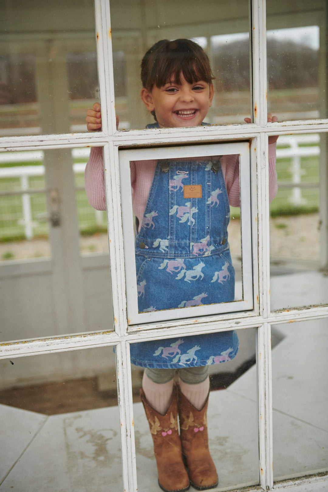 ORGANIC DENIM SPENCER DRESS W. UNICORN PRINT - INDIGO BLUE WASHED W UNICORN