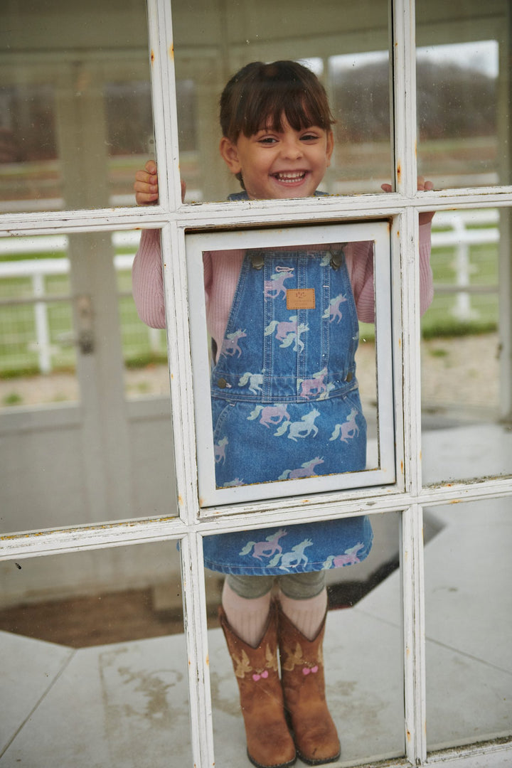 ORGANIC DENIM SPENCER DRESS W. UNICORN PRINT - INDIGO BLUE WASHED W UNICORN
