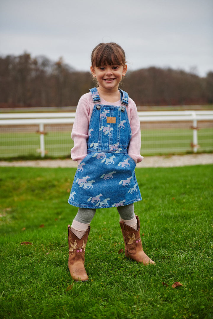 ORGANIC DENIM SPENCER DRESS W. UNICORN PRINT - INDIGO BLUE WASHED W UNICORN