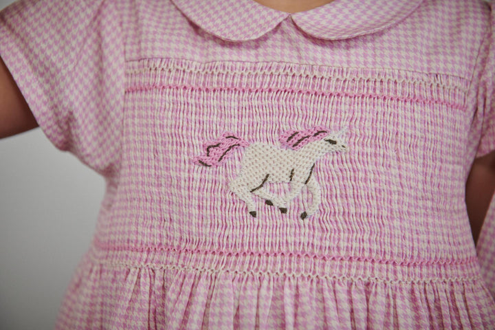 HOUNDSTOOTH DRESS W. HANDMADE UNICORN EMB. AND SMOCK - SYRINGA COMB.