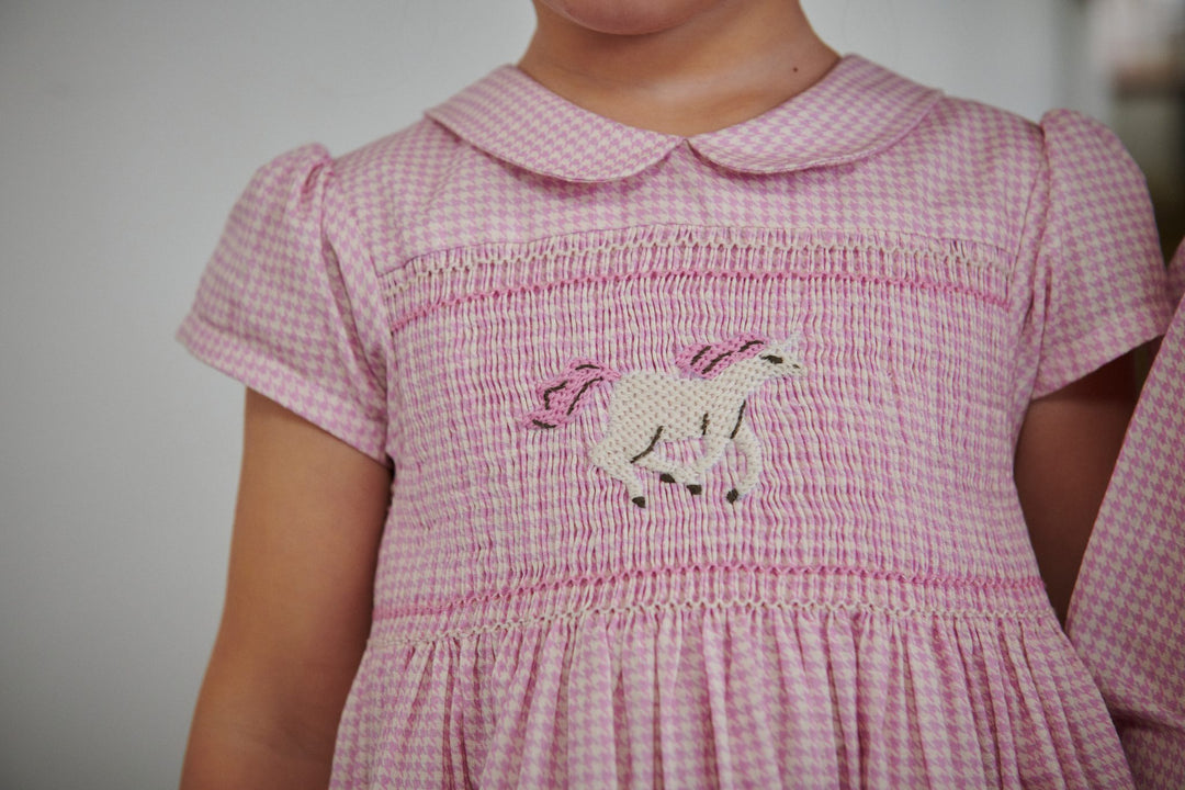 HOUNDSTOOTH DRESS W. HANDMADE UNICORN EMB. AND SMOCK - SYRINGA COMB.
