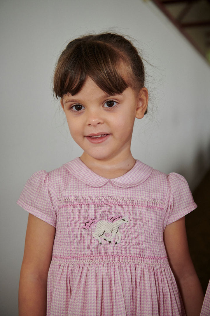 HOUNDSTOOTH DRESS W. HANDMADE UNICORN EMB. AND SMOCK - SYRINGA COMB.