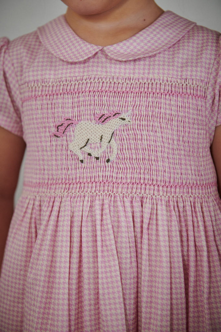 HOUNDSTOOTH DRESS W. HANDMADE UNICORN EMB. AND SMOCK - SYRINGA COMB.