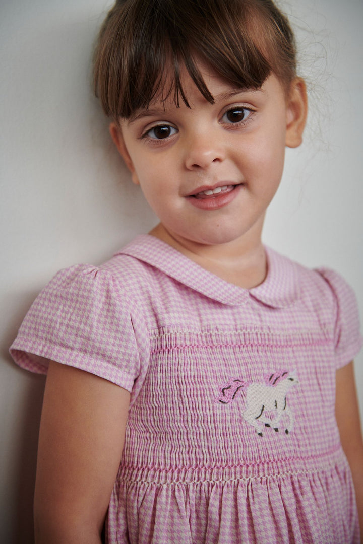 HOUNDSTOOTH DRESS W. HANDMADE UNICORN EMB. AND SMOCK - SYRINGA COMB.