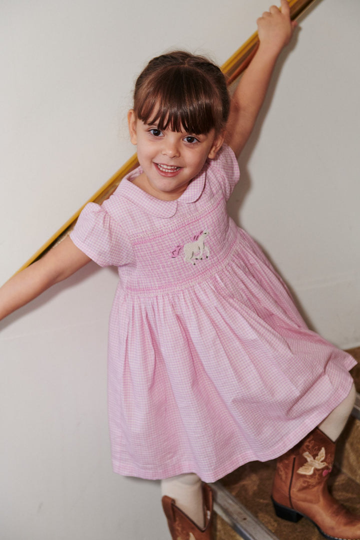 HOUNDSTOOTH DRESS W. HANDMADE UNICORN EMB. AND SMOCK - SYRINGA COMB.