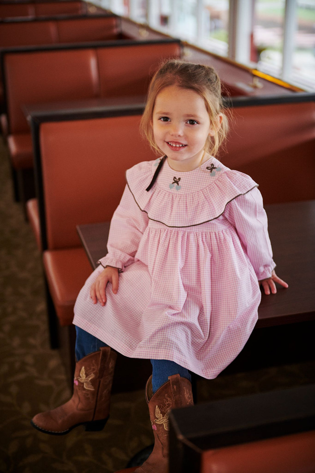 HOUNDSTOOTH FRILL DRESS W. EMBROIDERY - SYRINGA COMB