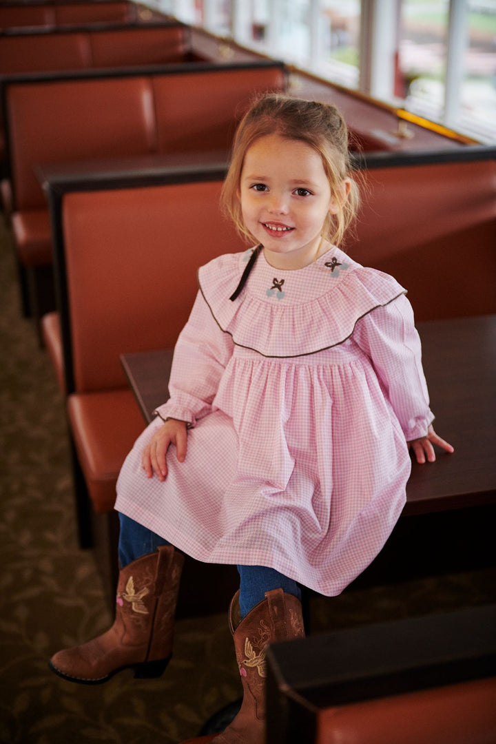 HOUNDSTOOTH FRILL DRESS W. EMBROIDERY - SYRINGA COMB