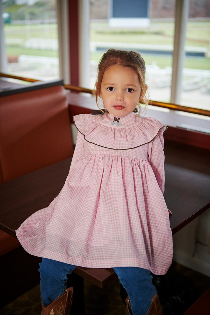 HOUNDSTOOTH FRILL DRESS W. EMBROIDERY - SYRINGA COMB