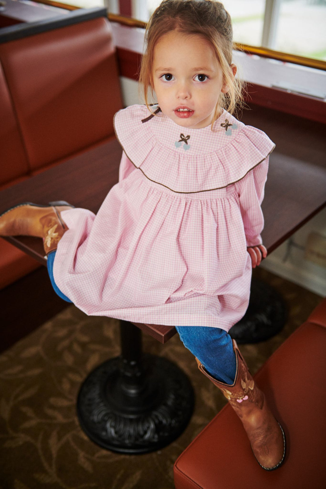 HOUNDSTOOTH FRILL DRESS W. EMBROIDERY - SYRINGA COMB