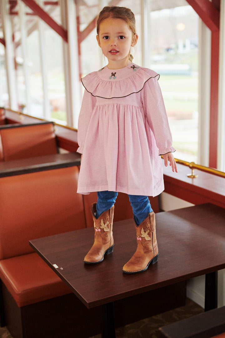HOUNDSTOOTH FRILL DRESS W. EMBROIDERY - SYRINGA COMB