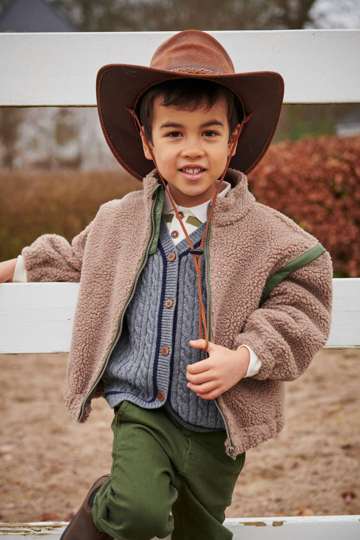 LAMBSWOOL GRANDAD CARDIGAN - DK GREY/NAVY COMB.