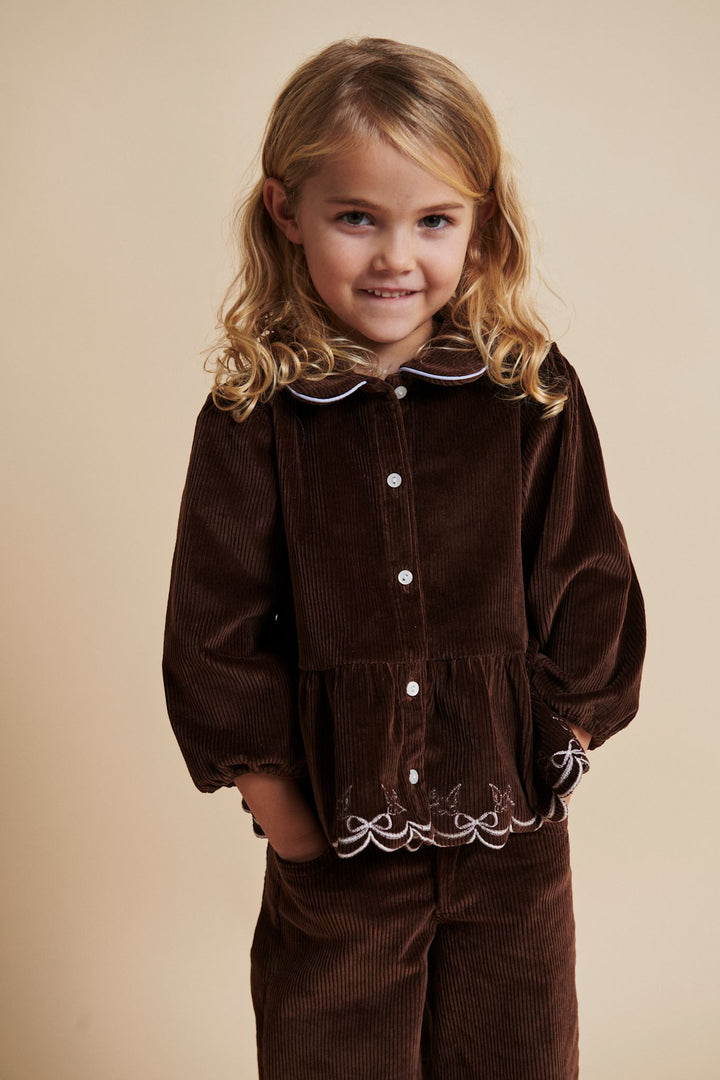 CORDUROY BLOUSE W. EMB. - DK BROWN COMB