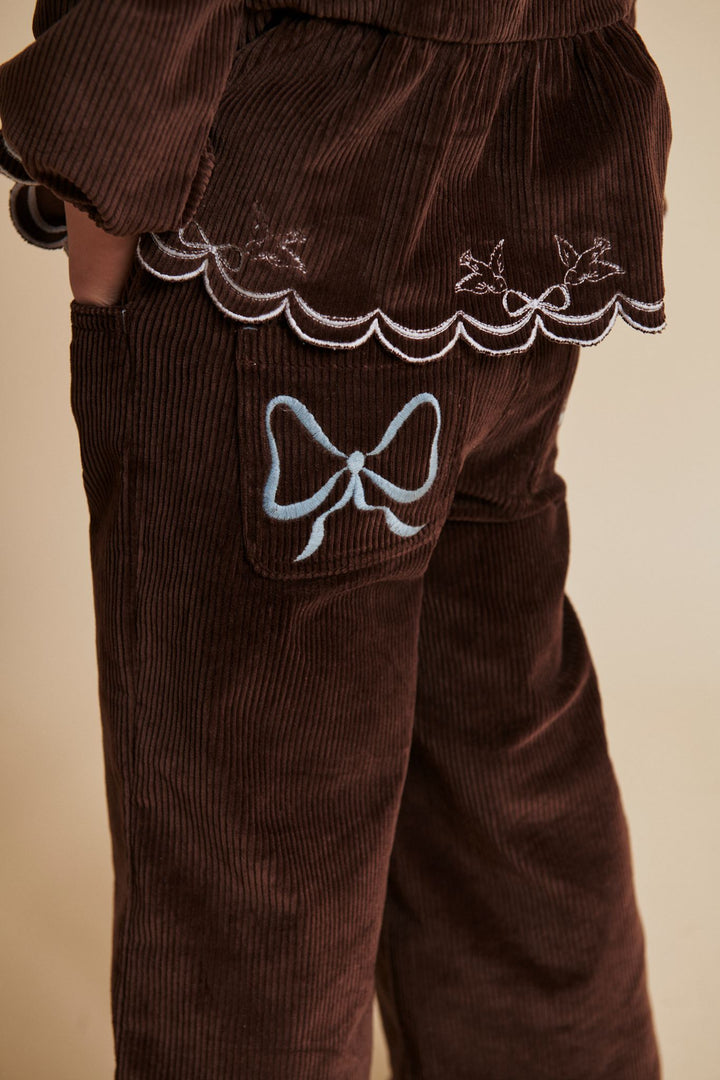 CORDUROY PANT W. WIDE LEG & EMB. AT BACKSIDE POCKET - DK BROWN COMB