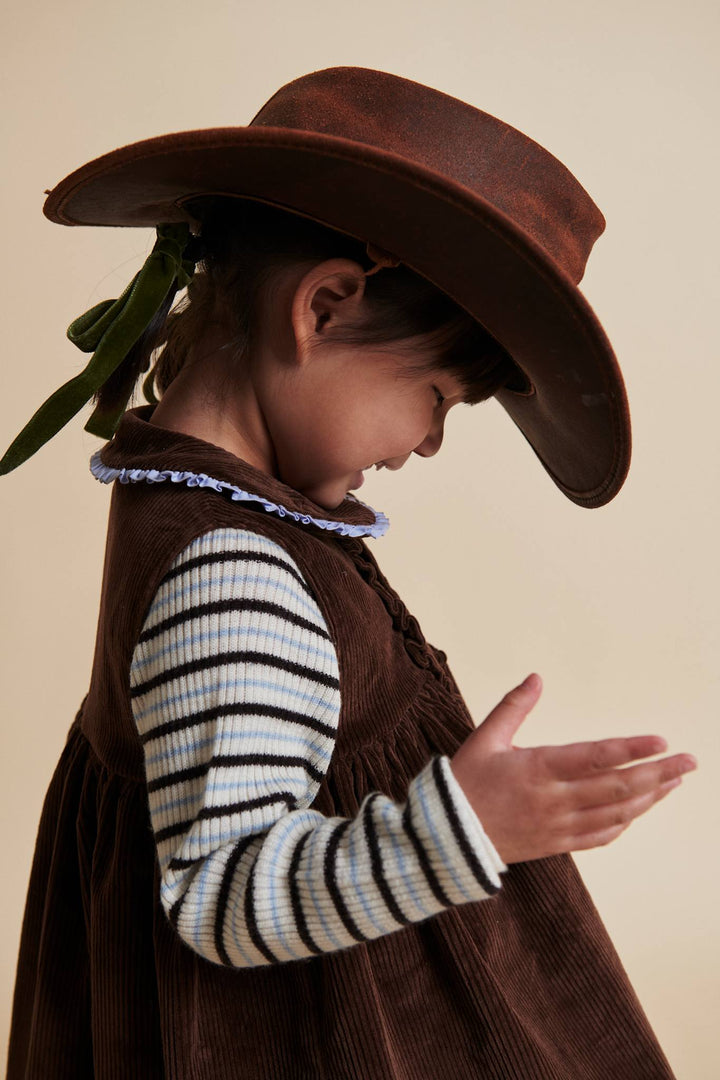 CORDUROY DRESS W. RUFFLE AND COLLAR DETAIL - DK BROWN COMB