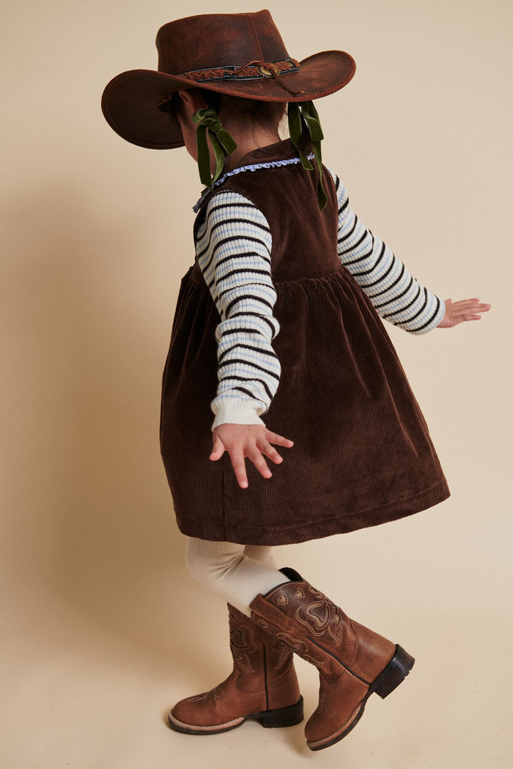 CORDUROY DRESS W. RUFFLE AND COLLAR DETAIL - DK BROWN COMB
