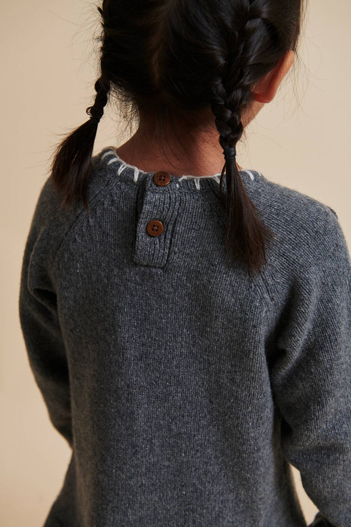 LAMBSWOOL DRESS W. BOW - DK GREY/CREAM COMB.