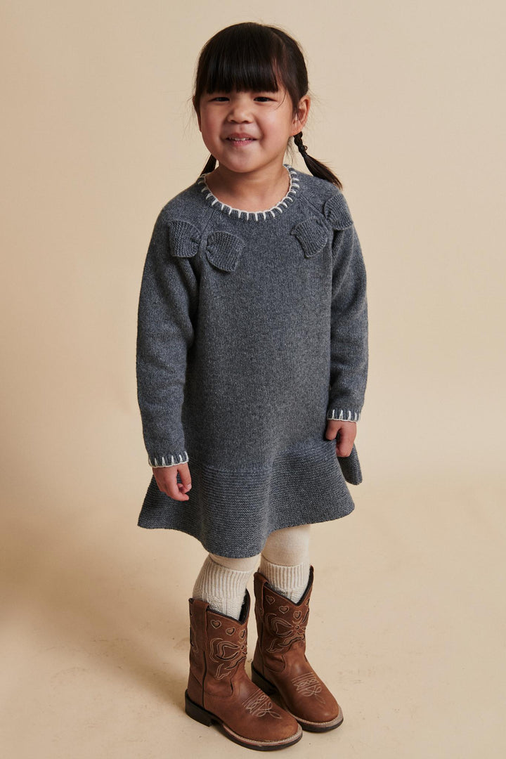 LAMBSWOOL DRESS W. BOW - DK GREY/CREAM COMB.