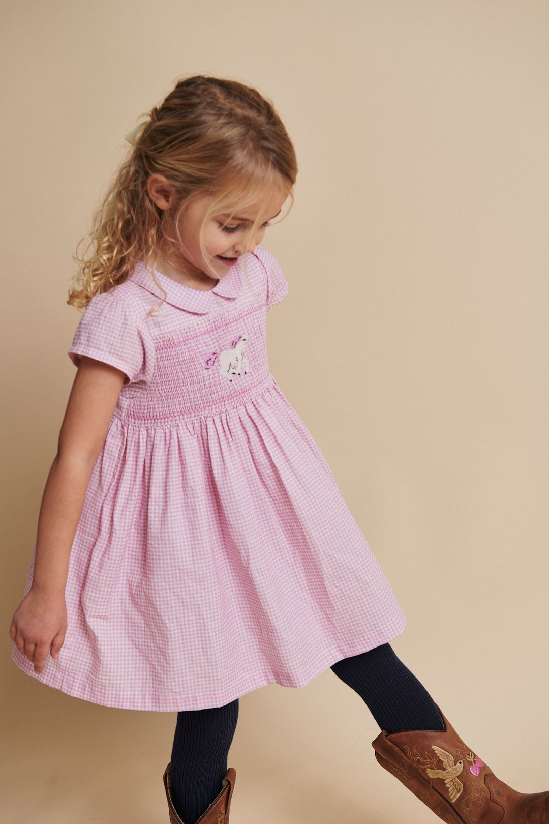 HOUNDSTOOTH DRESS W. HANDMADE UNICORN EMB. AND SMOCK - SYRINGA COMB.