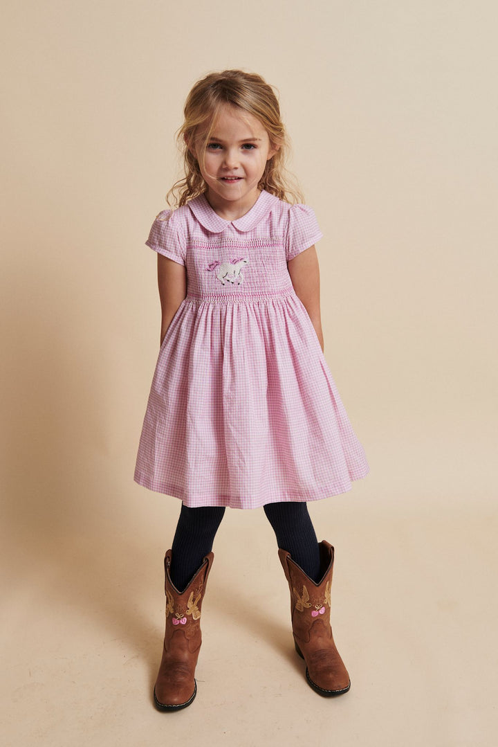 HOUNDSTOOTH DRESS W. HANDMADE UNICORN EMB. AND SMOCK - SYRINGA COMB.