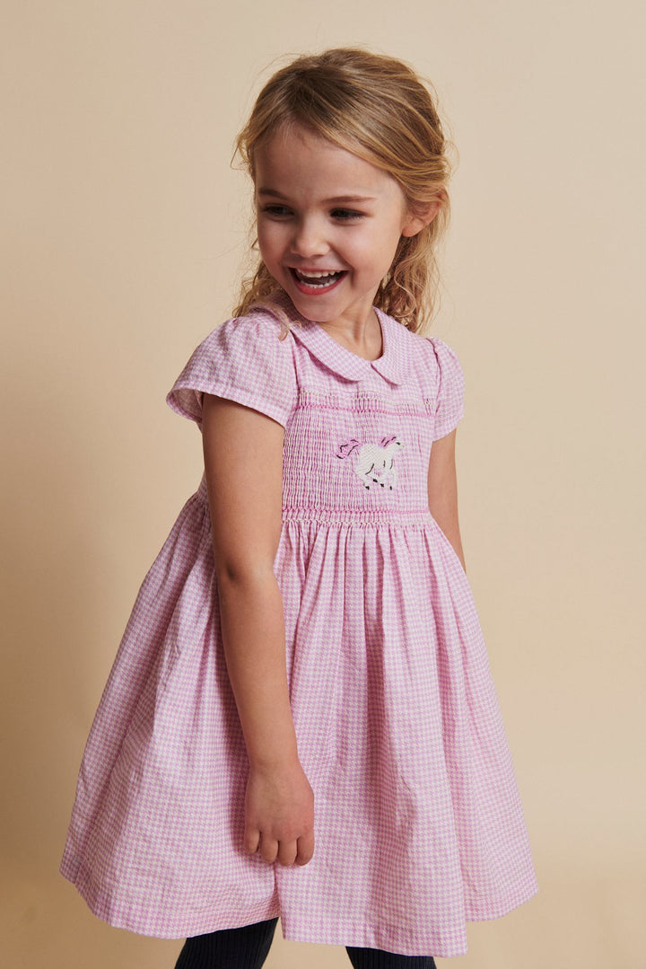 HOUNDSTOOTH DRESS W. HANDMADE UNICORN EMB. AND SMOCK - SYRINGA COMB.