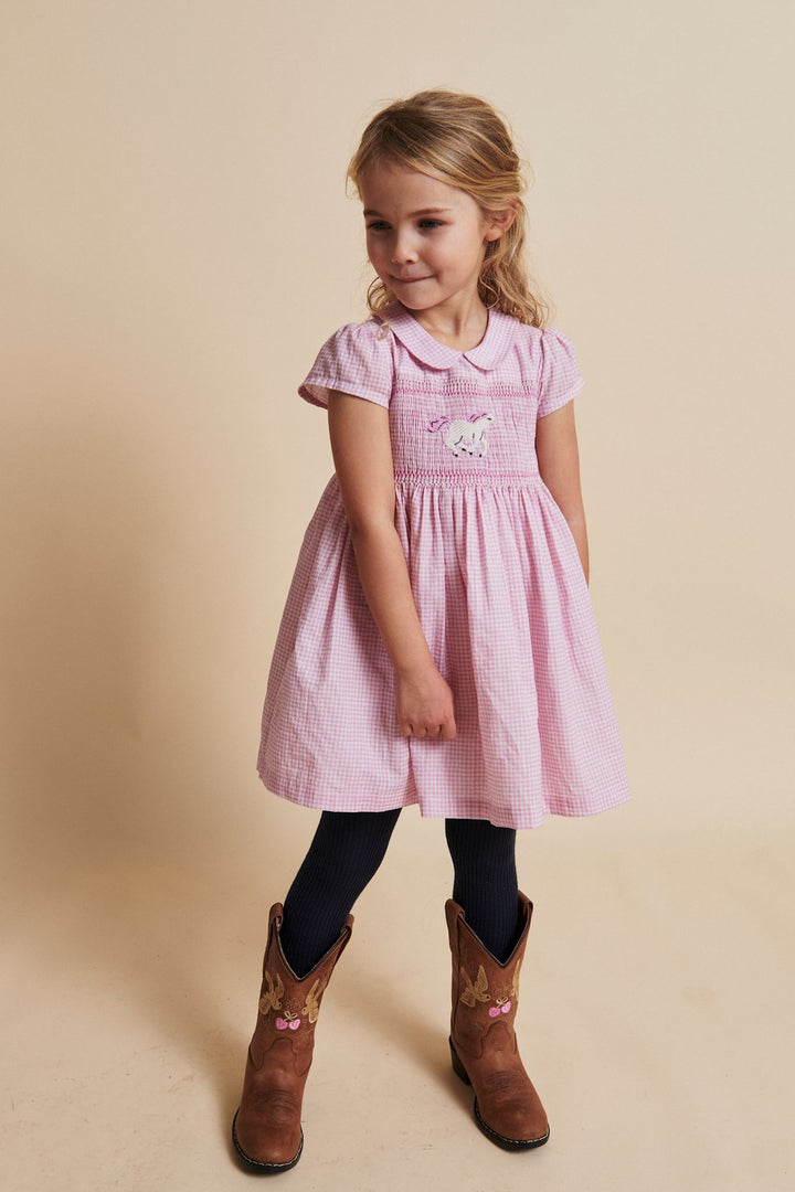 HOUNDSTOOTH DRESS W. HANDMADE UNICORN EMB. AND SMOCK - SYRINGA COMB.
