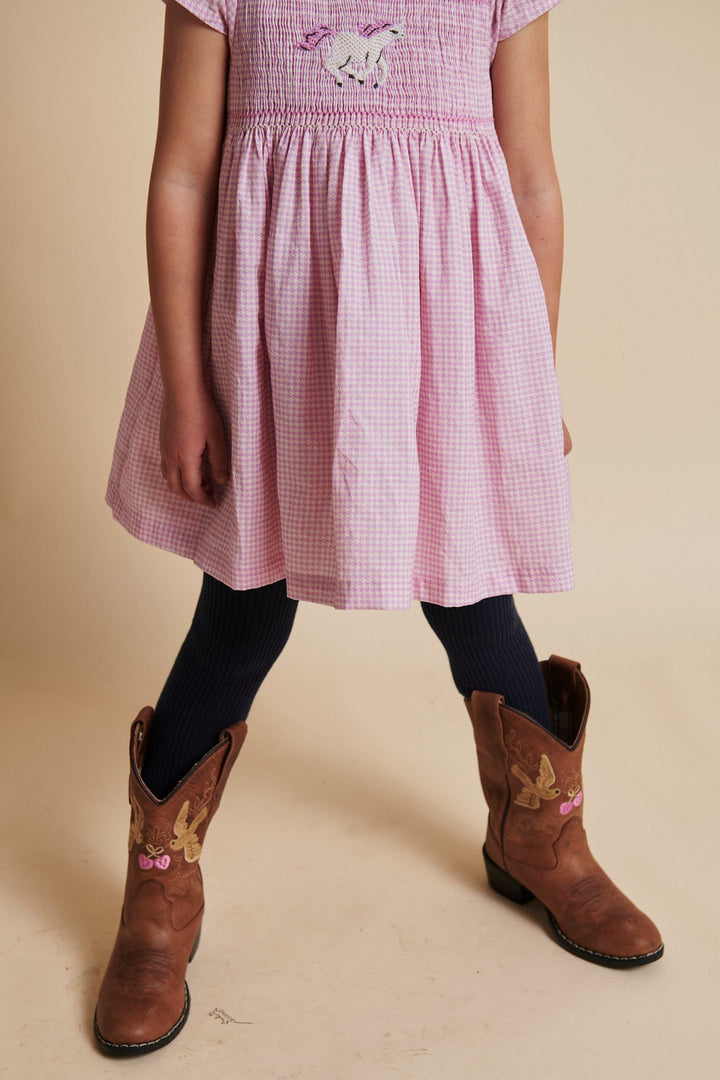 HOUNDSTOOTH DRESS W. HANDMADE UNICORN EMB. AND SMOCK - SYRINGA COMB.